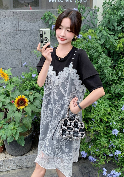 [Black lace fake two-piece patchwork dress]
