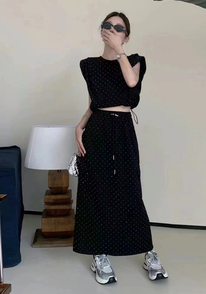 Hot diamond top + high waist skirt two-piece set