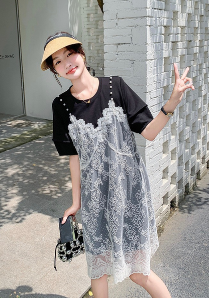 [Black lace fake two-piece patchwork dress]