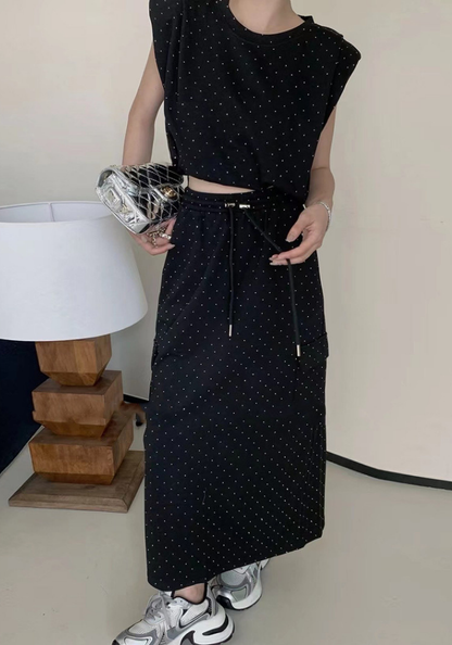 Hot diamond top + high waist skirt two-piece set