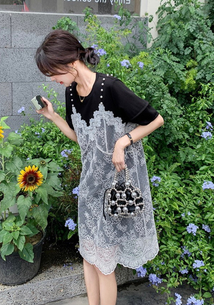 [Black lace fake two-piece patchwork dress]