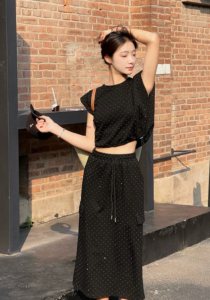Hot diamond top + high waist skirt two-piece set