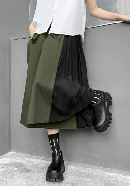 patchwork pleated straight skirt