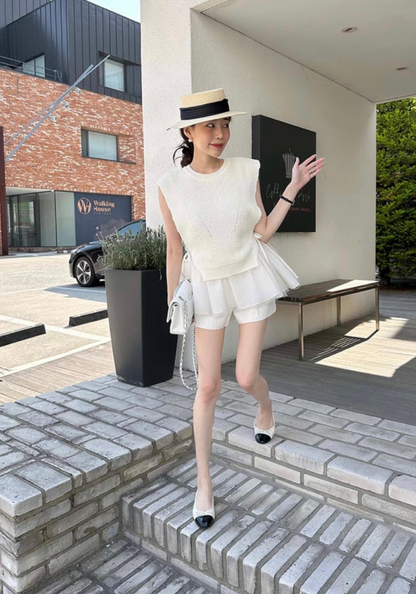 Mesh cake skirt + knitted vest suit