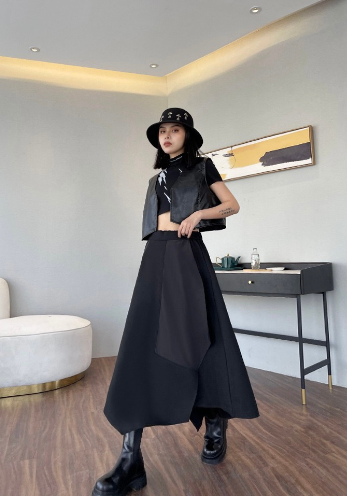 [Dark style zipper slit drape skirt]