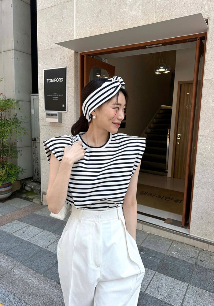 Korean style striped shoulder pad T-shirt