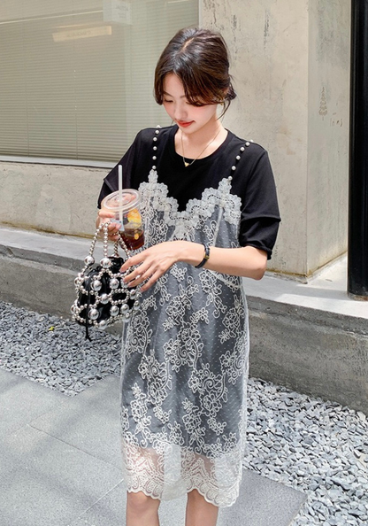 [Black lace fake two-piece patchwork dress]