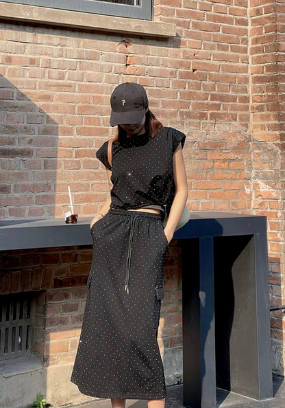 Hot diamond top + high waist skirt two-piece set