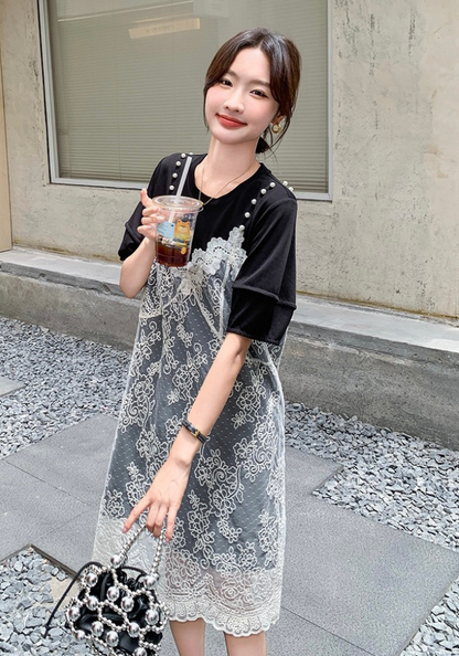 [Black lace fake two-piece patchwork dress]