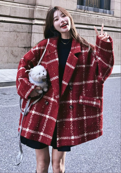 紅格仔毛呢外套