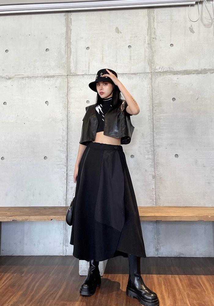 [Dark style zipper slit drape skirt]