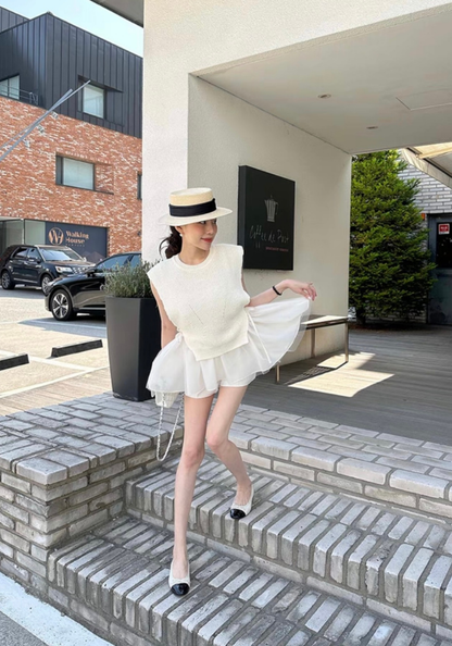 Mesh cake skirt + knitted vest suit