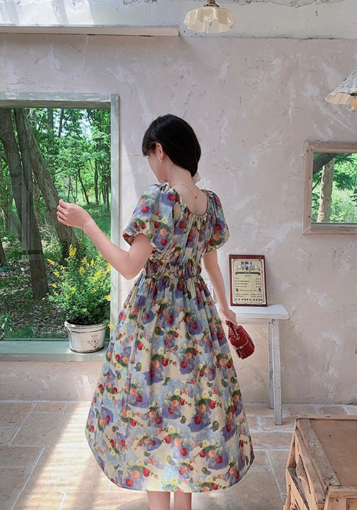 [Retro Oil Painting Floral Dress]