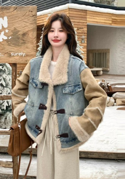 牛仔拼接羊羔毛外套