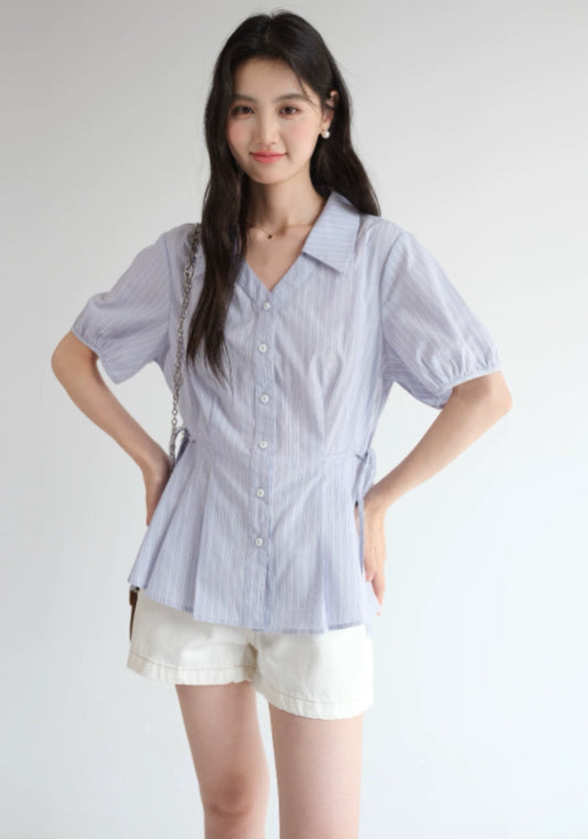 泡泡袖條紋襯衫