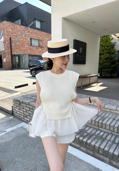 Mesh cake skirt + knitted vest suit