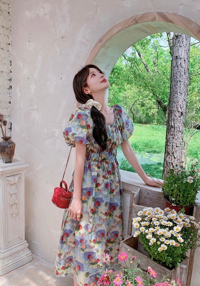 [Retro Oil Painting Floral Dress]