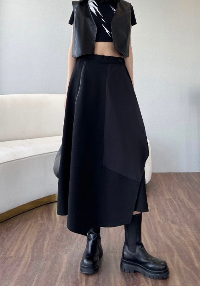 [Dark style zipper slit drape skirt]