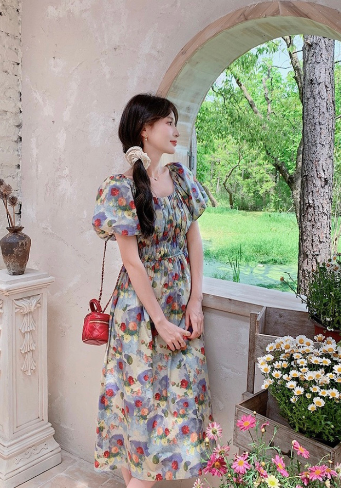 [Retro Oil Painting Floral Dress]