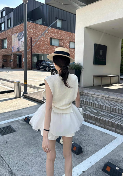 Mesh cake skirt + knitted vest suit