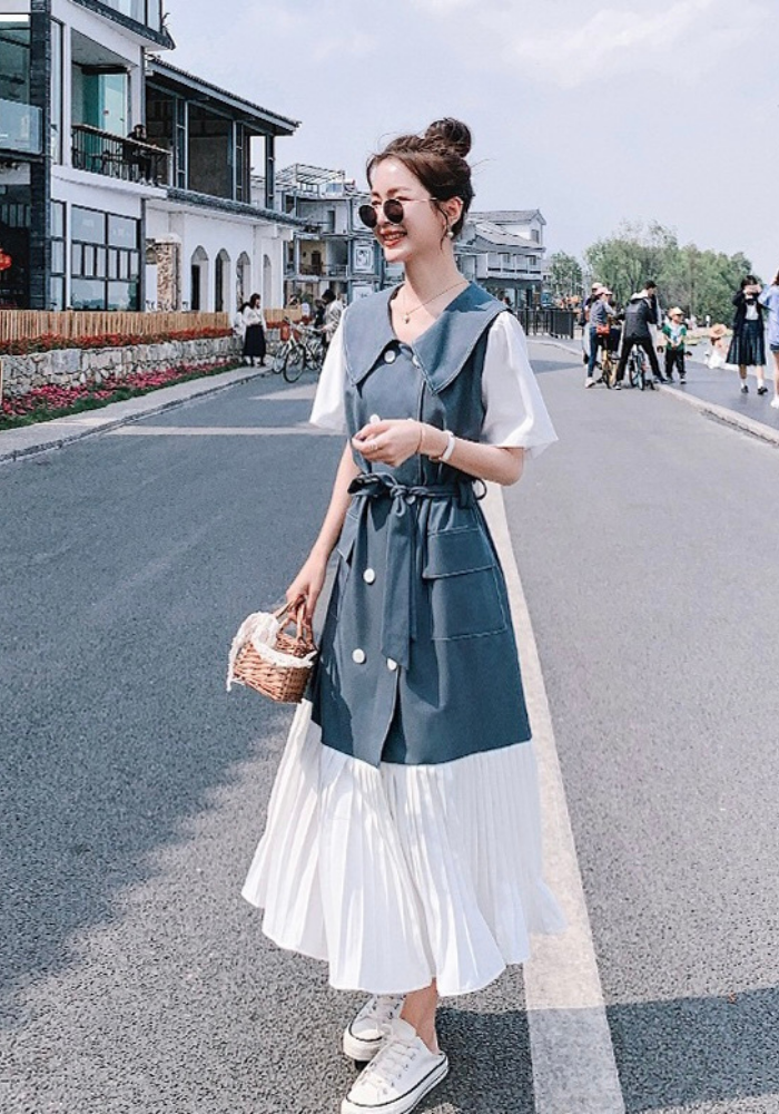 [Korean style pleated shirt long skirt]