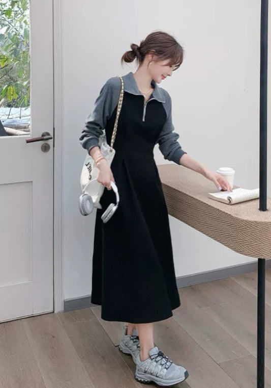 黑灰拼接連身裙