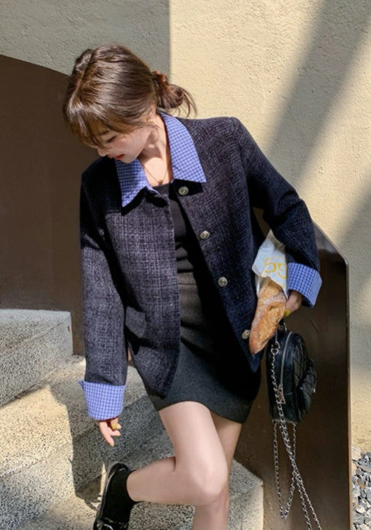 深藍格領小香風外套