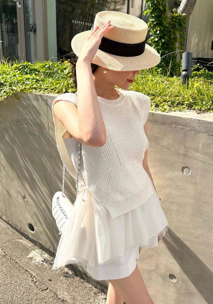 Mesh cake skirt + knitted vest suit
