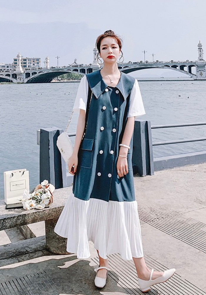 [Korean style pleated shirt long skirt]