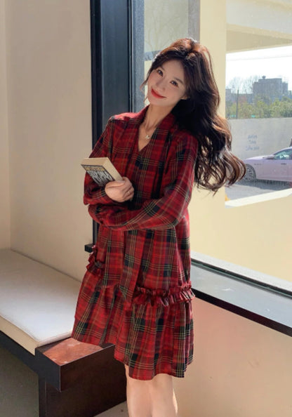 紅格仔連身裙