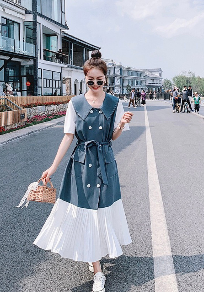 [Korean style pleated shirt long skirt]