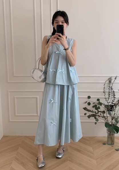 Bow sleeveless vest + skirt suit