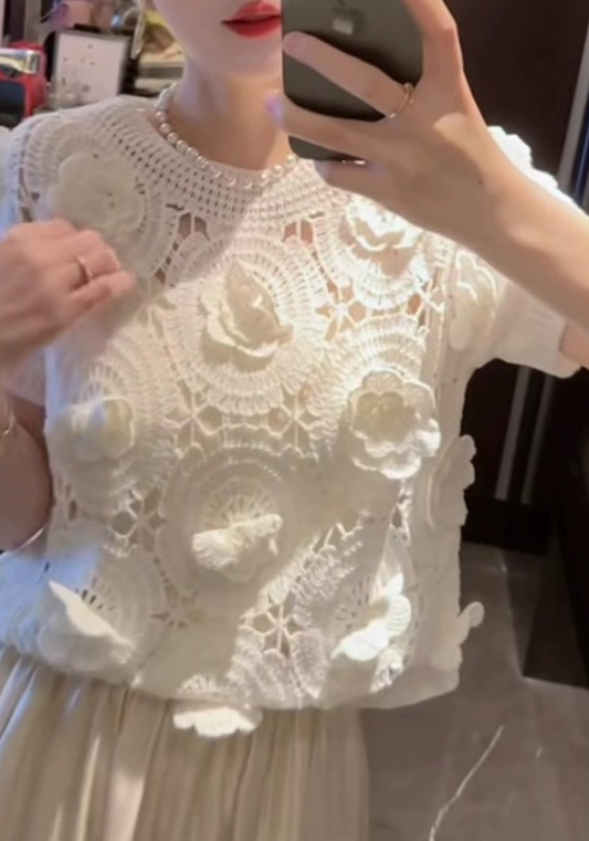 French three-dimensional crochet hollow short sleeves