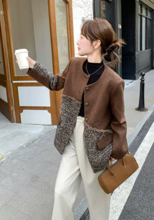 棕色小香風拼接外套