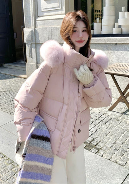 粉色毛絨帽羽絨服