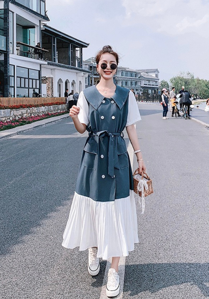 [Korean style pleated shirt long skirt]