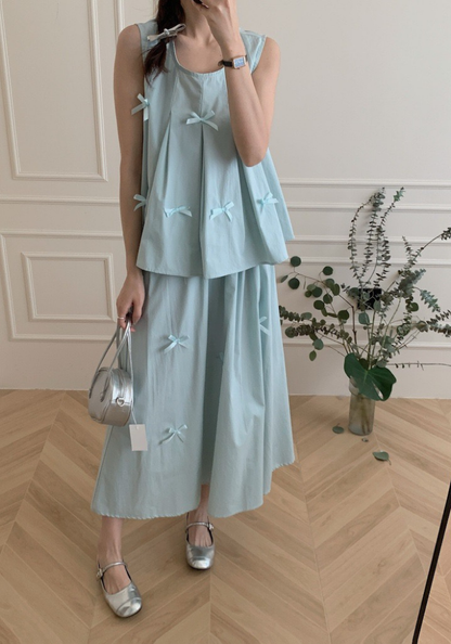 Bow sleeveless vest + skirt suit