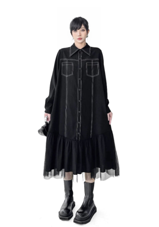 線條網紗拼接黑裙