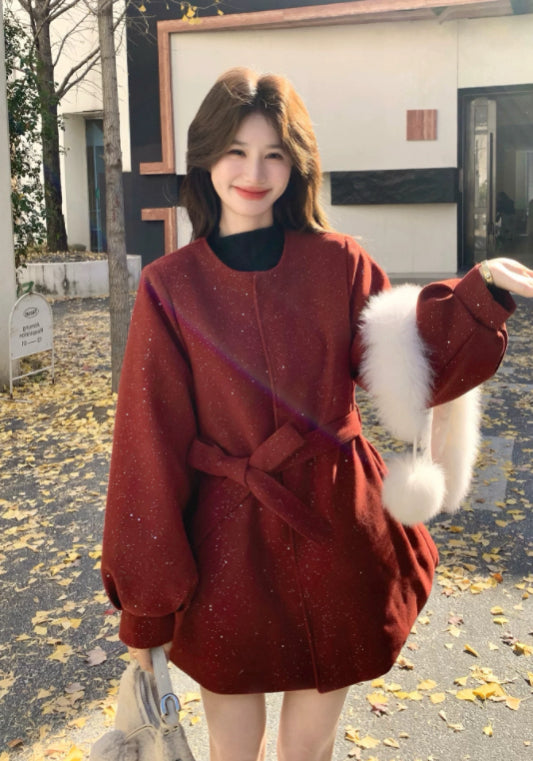 紅色毛領羊毛羽絨外套