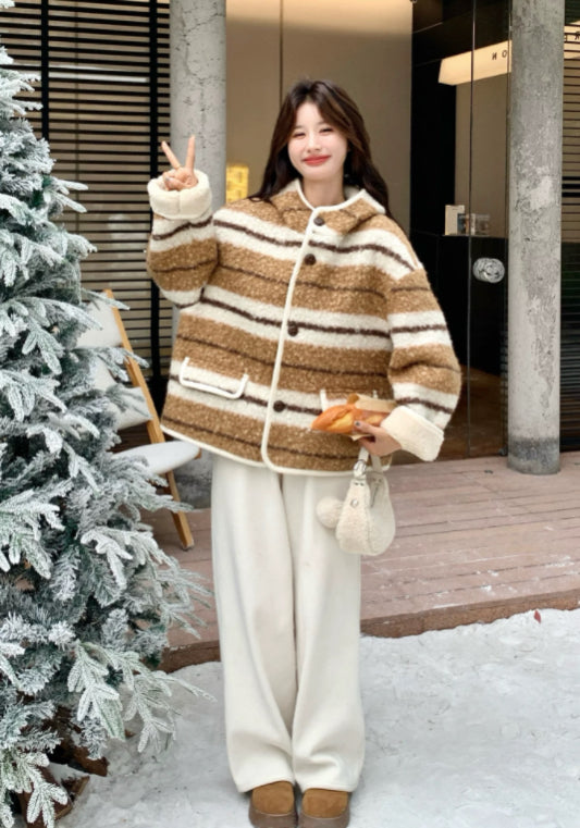 條紋連帽羊羔毛外套