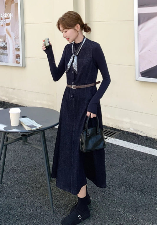 深藍背心裙兩件套
