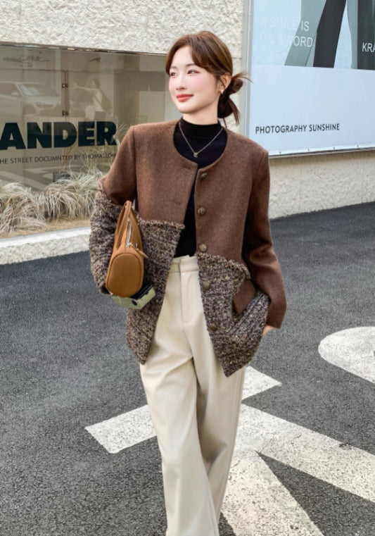 棕色小香風拼接外套