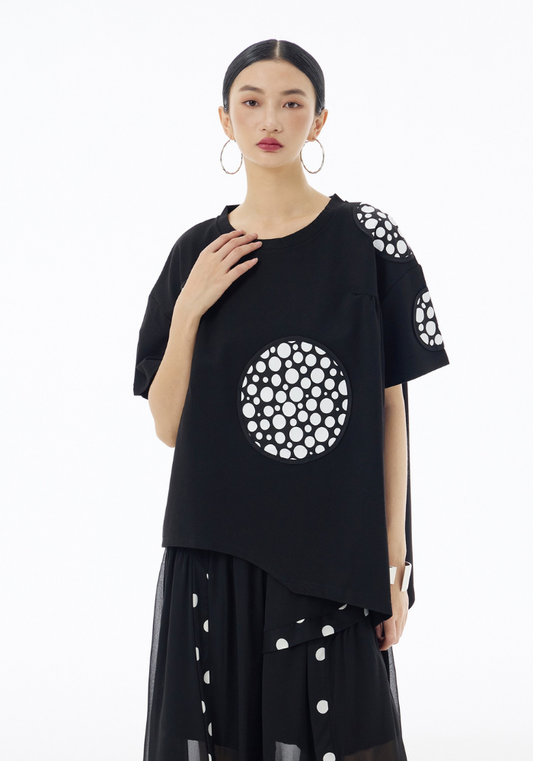 [Korean style polka dot stitching round neck short sleeves]