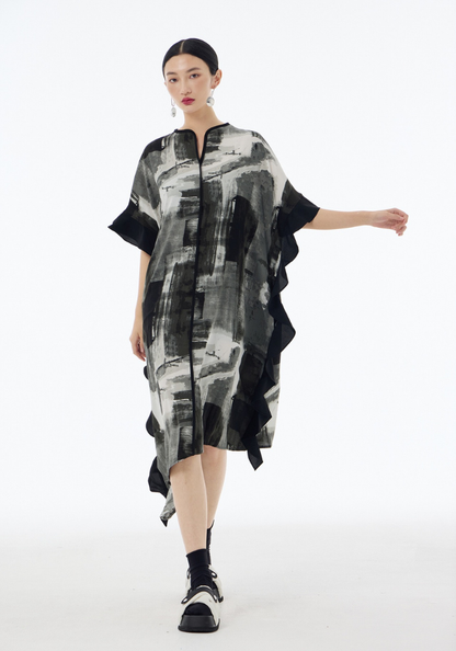 [Japanese retro contrast color short-sleeved dress]