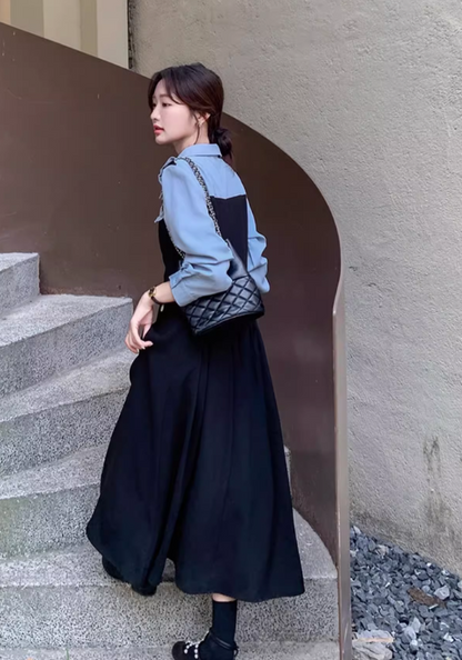Fake two piece blue shirt dress