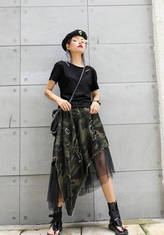 [Mesh denim camouflage skirt]