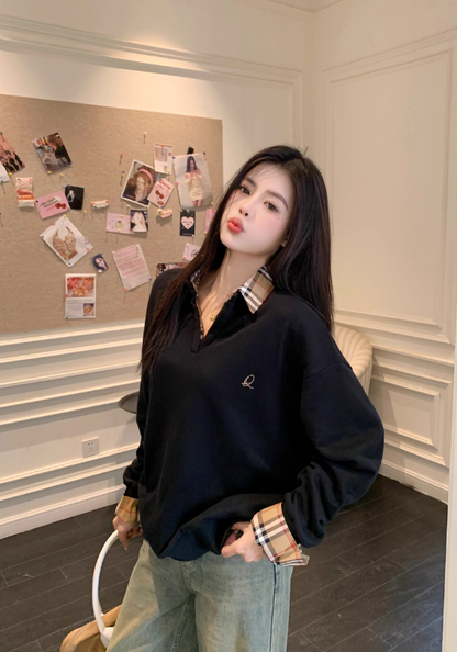 Yellow plaid collar patchwork sweatshirt