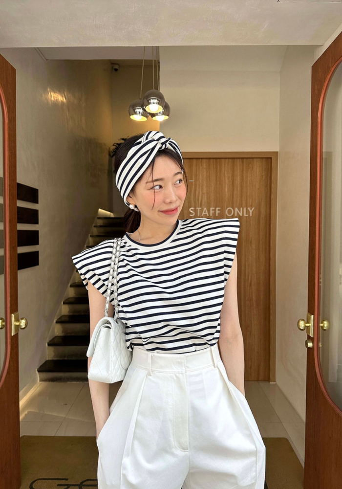 Korean style striped shoulder pad T-shirt