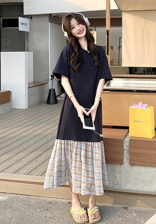 深藍拼接裙
