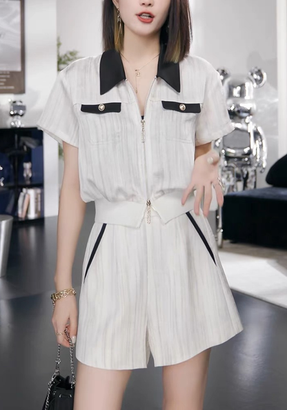 [Striped slimming zipper top and shorts set]